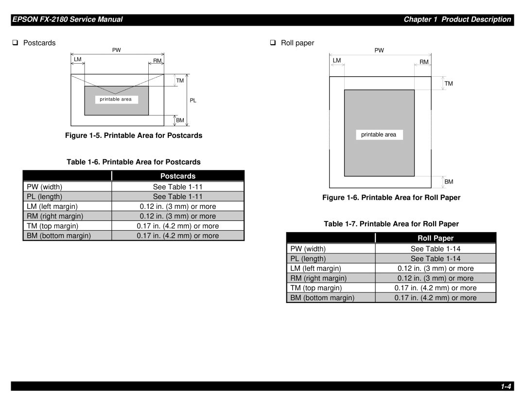 Epson TM-FX2180 manual Postcards, Roll Paper 