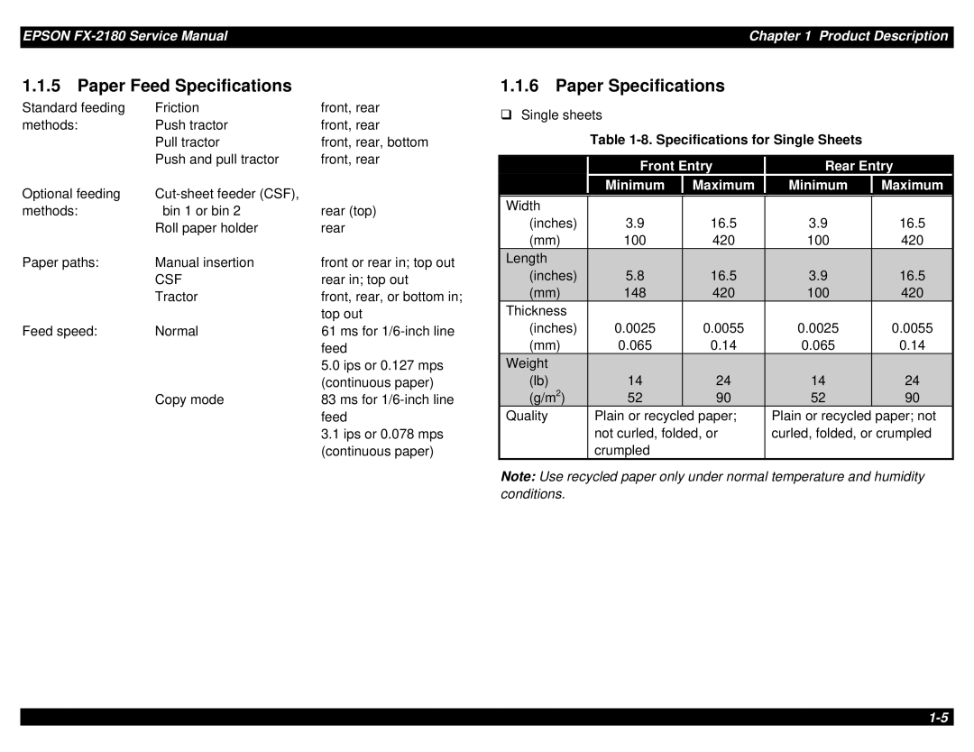 Epson TM-FX2180 manual Paper Feed Specifications, Paper Specifications, Front Entry Rear Entry Minimum Maximum 