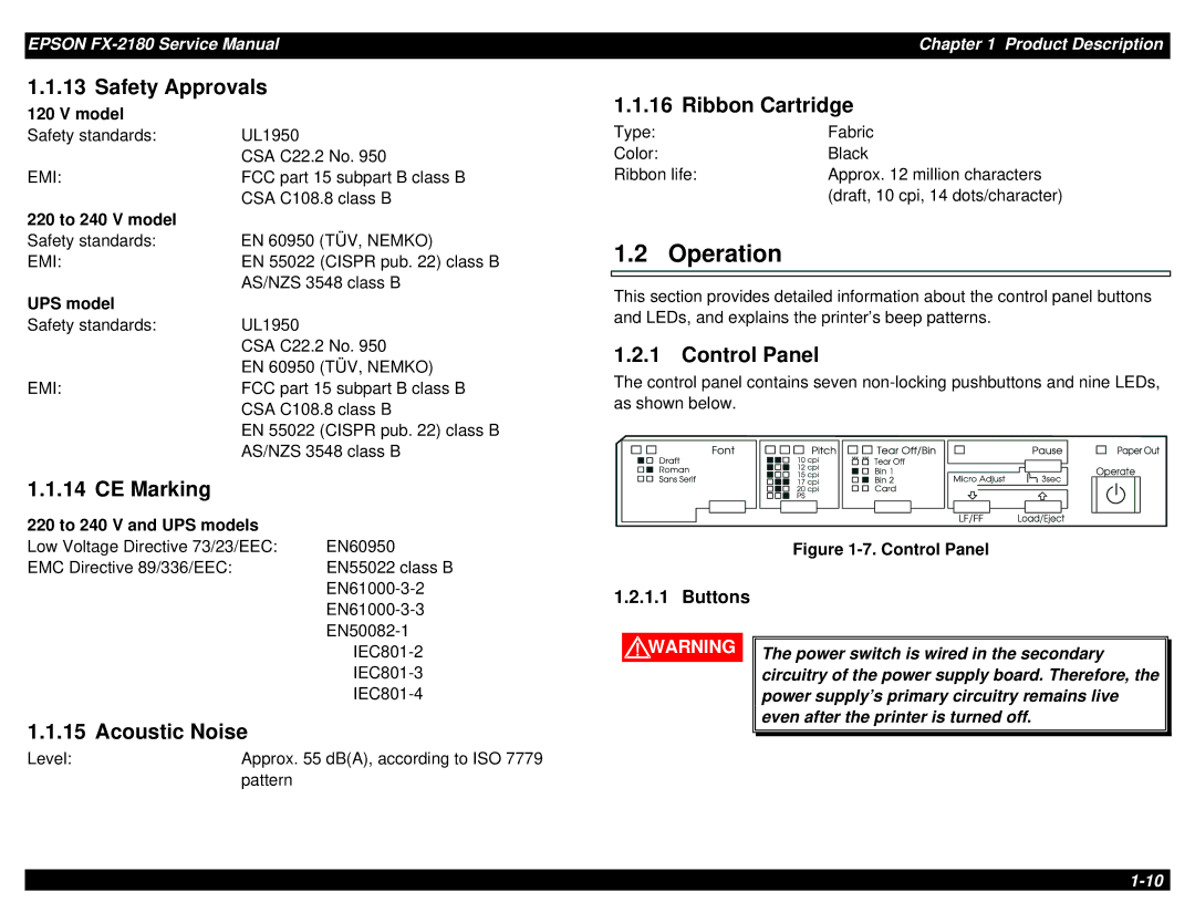 Epson TM-FX2180 manual Operation 