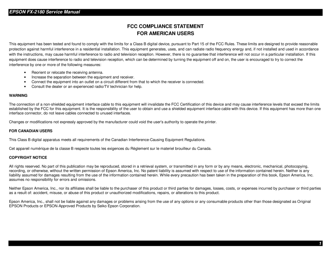 Epson TM-FX2180 manual FCC Compliance Statement For American Users 