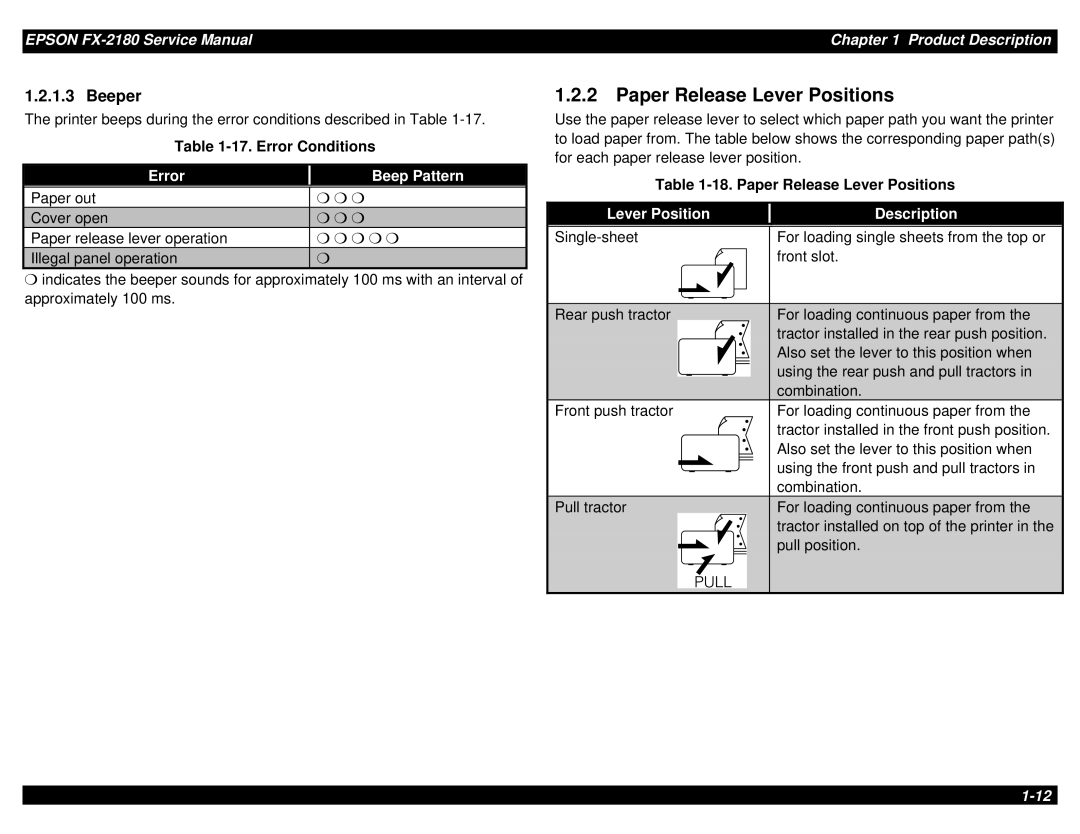 Epson TM-FX2180 manual Paper Release Lever Positions, Beeper, Error Beep Pattern, Lever Position Description 