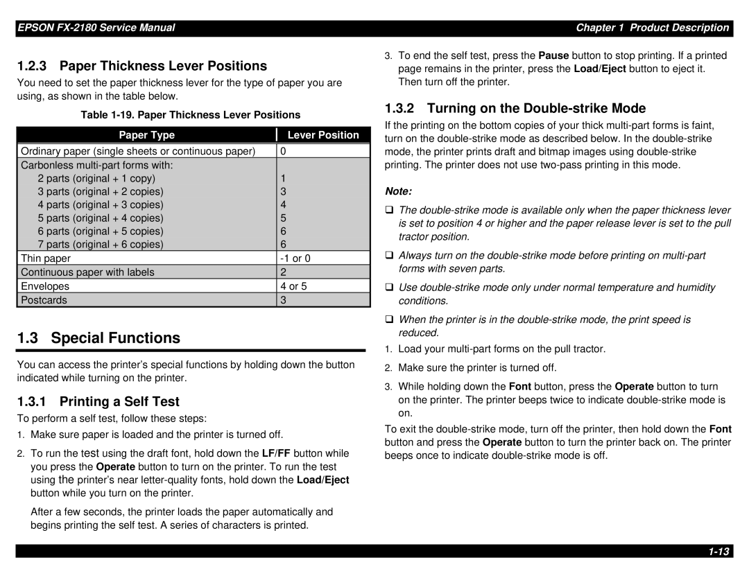 Epson TM-FX2180 manual Special Functions, Paper Thickness Lever Positions, Printing a Self Test, Paper Type Lever Position 