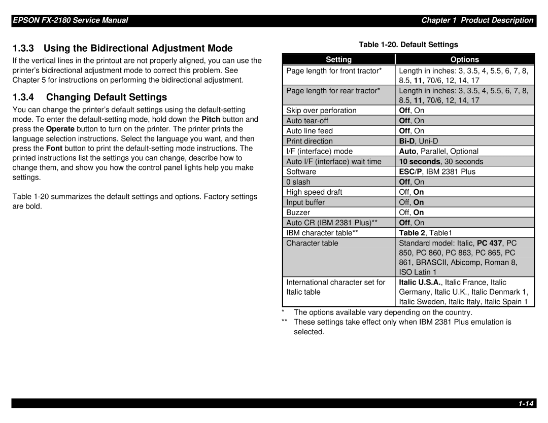 Epson TM-FX2180 manual Using the Bidirectional Adjustment Mode, Changing Default Settings, Setting Options 