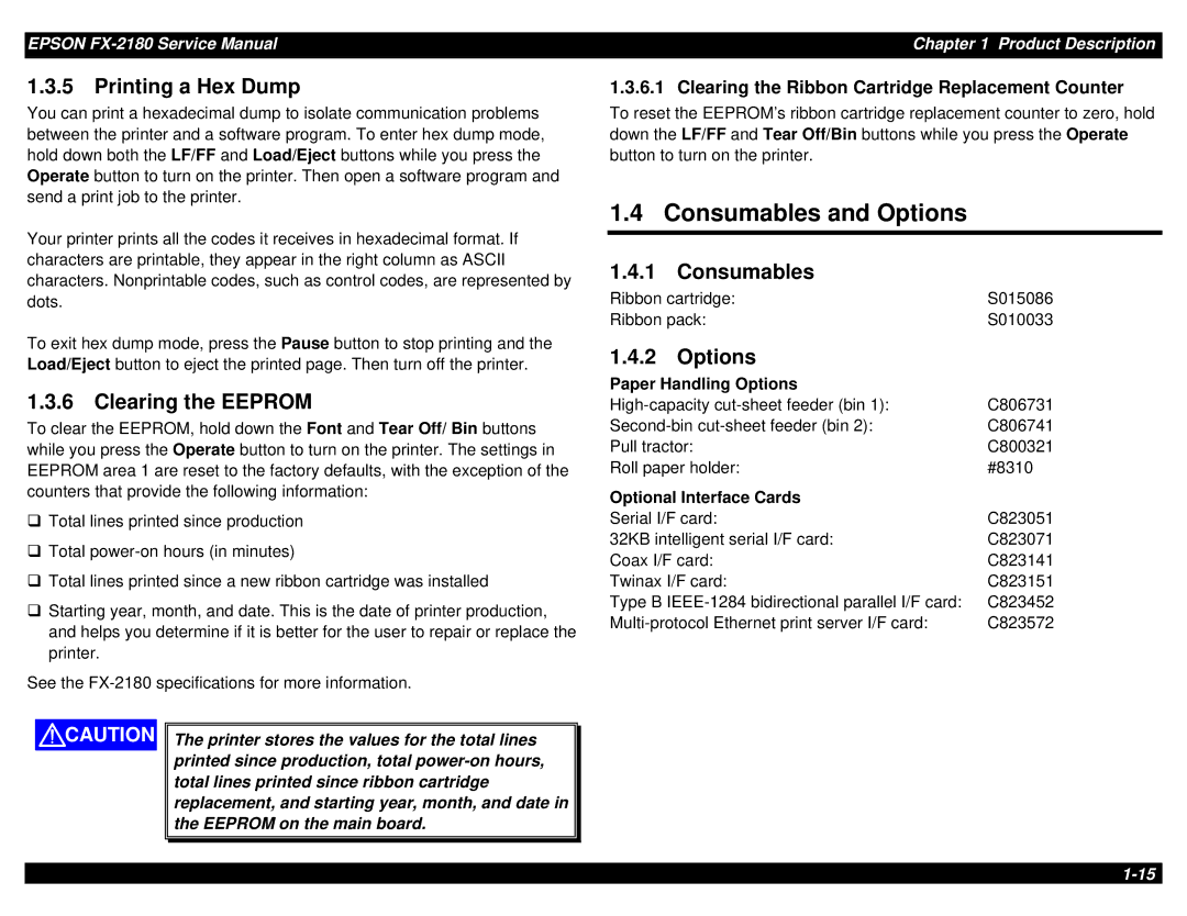 Epson TM-FX2180 manual Consumables and Options, Printing a Hex Dump, Clearing the Eeprom 