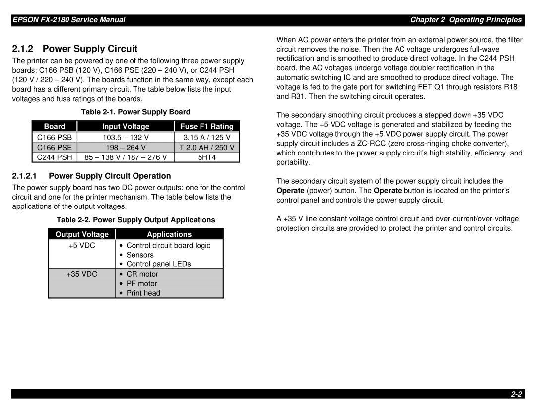 Epson TM-FX2180 manual Power Supply Circuit Operation, Board Input Voltage Fuse F1 Rating, Output Voltage Applications 
