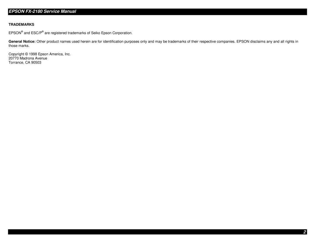 Epson TM-FX2180 manual Trademarks 