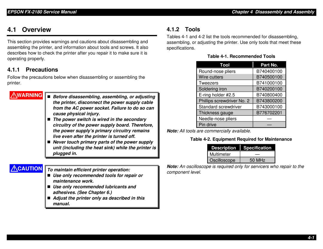 Epson TM-FX2180 manual Precautions, Tools, Description Specification 