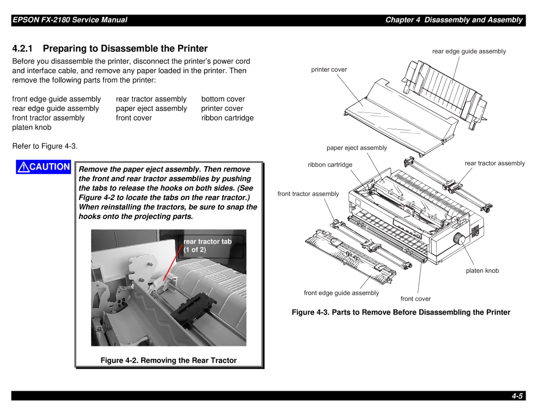 Epson TM-FX2180 manual Preparing to Disassemble the Printer, Rear tractor tab 1 