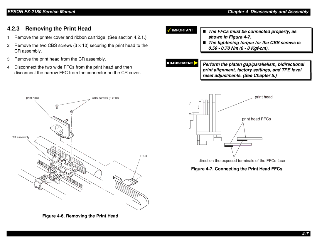 Epson TM-FX2180 manual Removing the Print Head, Connecting the Print Head FFCs 