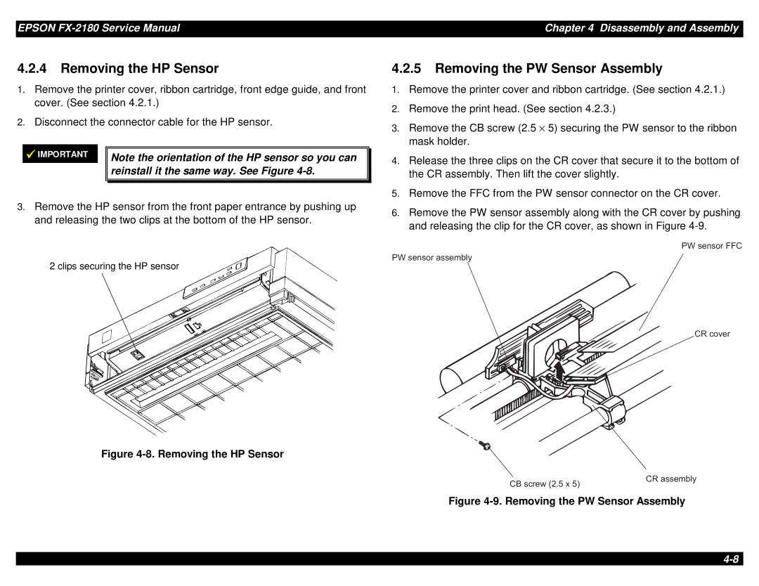 Epson TM-FX2180 manual Removing the HP Sensor, Removing the PW Sensor Assembly 