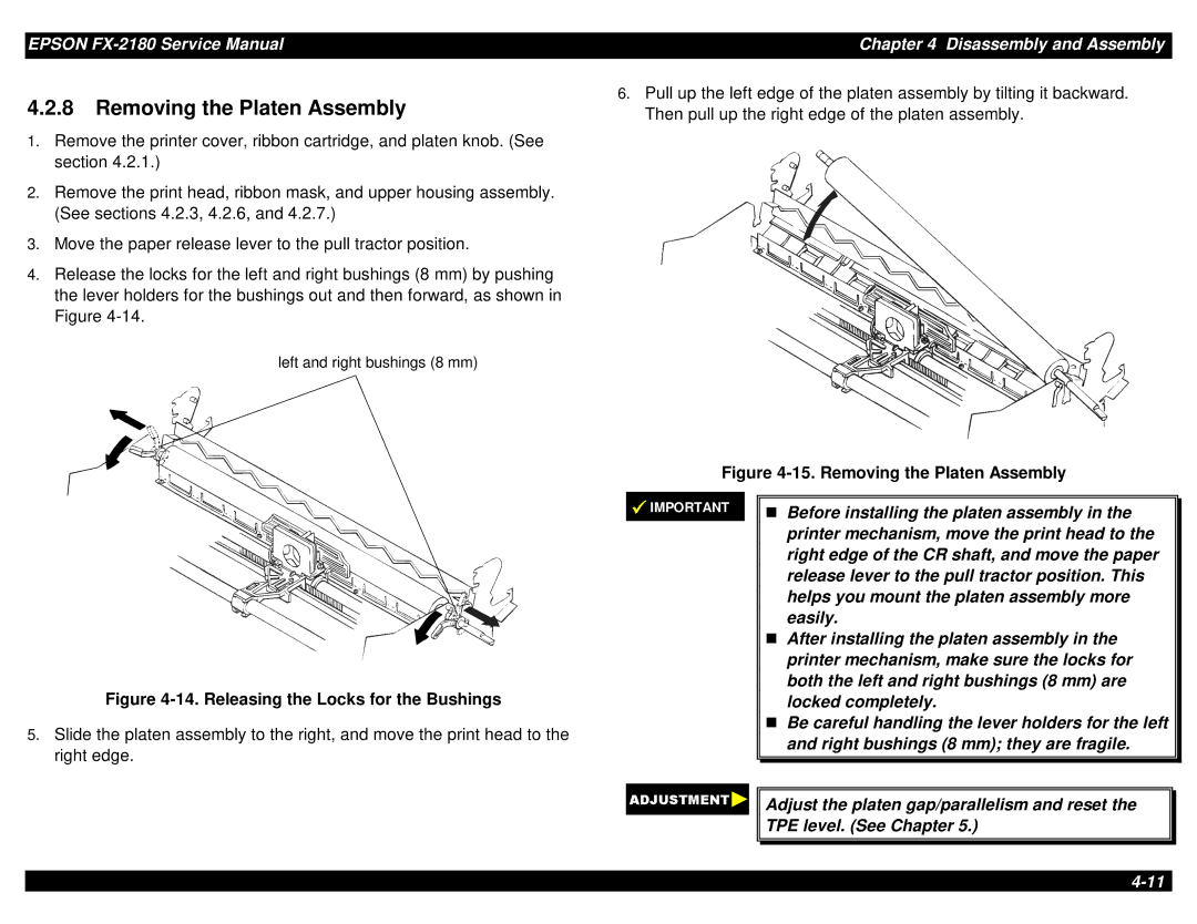 Epson TM-FX2180 manual Removing the Platen Assembly 