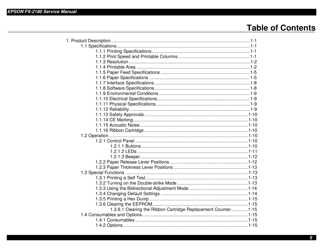 Epson TM-FX2180 manual Table of Contents 