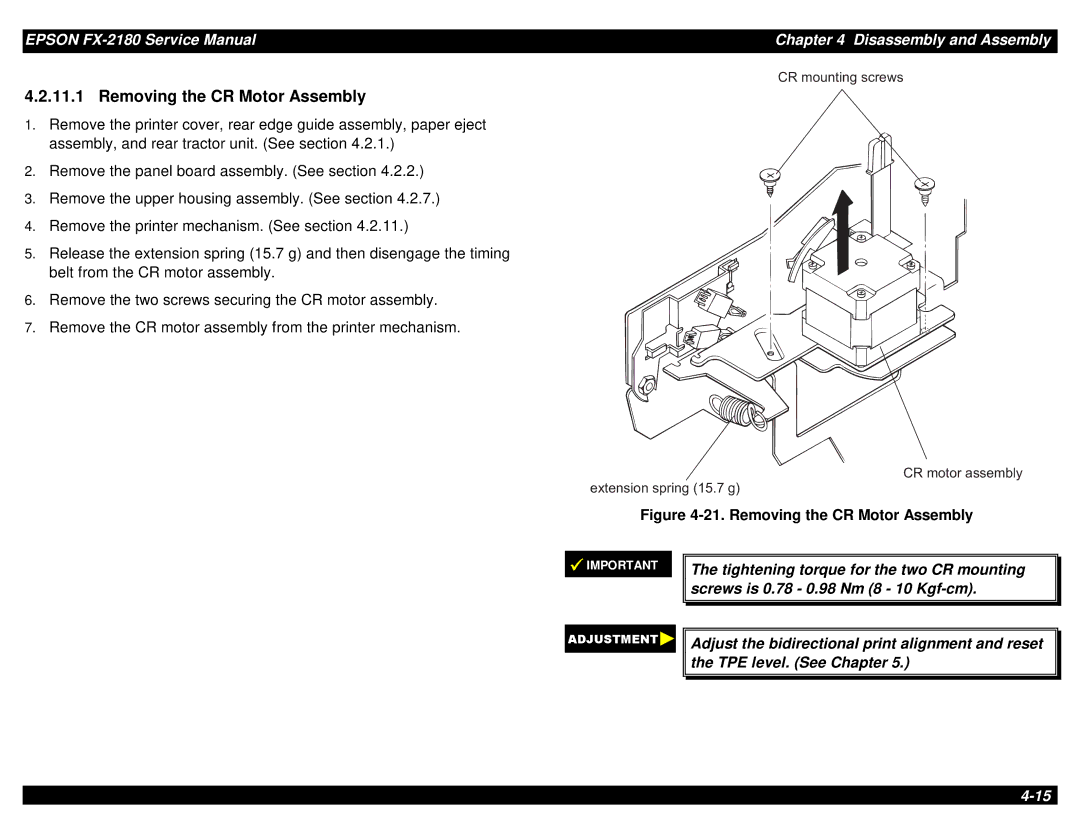 Epson TM-FX2180 manual Removing the CR Motor Assembly 