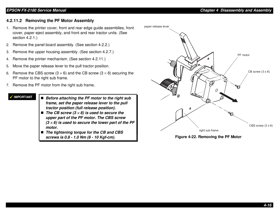 Epson TM-FX2180 manual Removing the PF Motor Assembly 