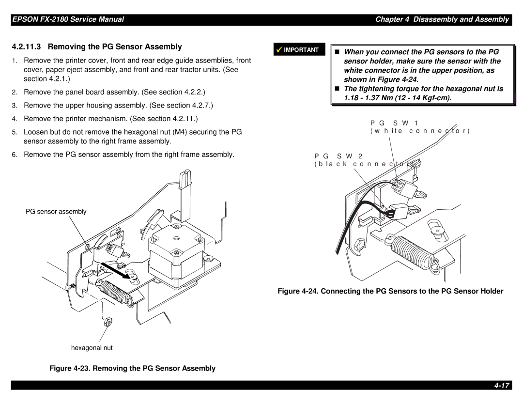 Epson TM-FX2180 manual Removing the PG Sensor Assembly 