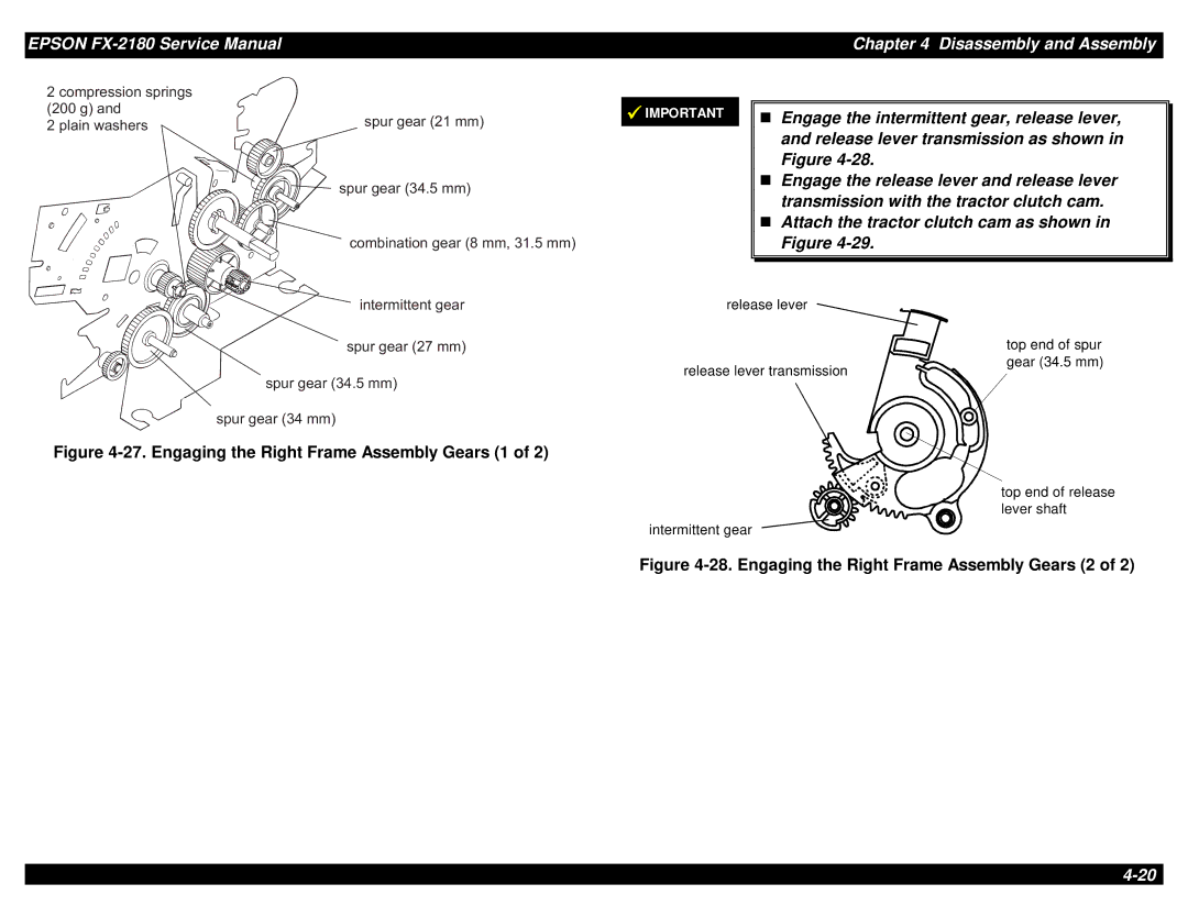 Epson TM-FX2180 manual Engaging the Right Frame Assembly Gears 1 