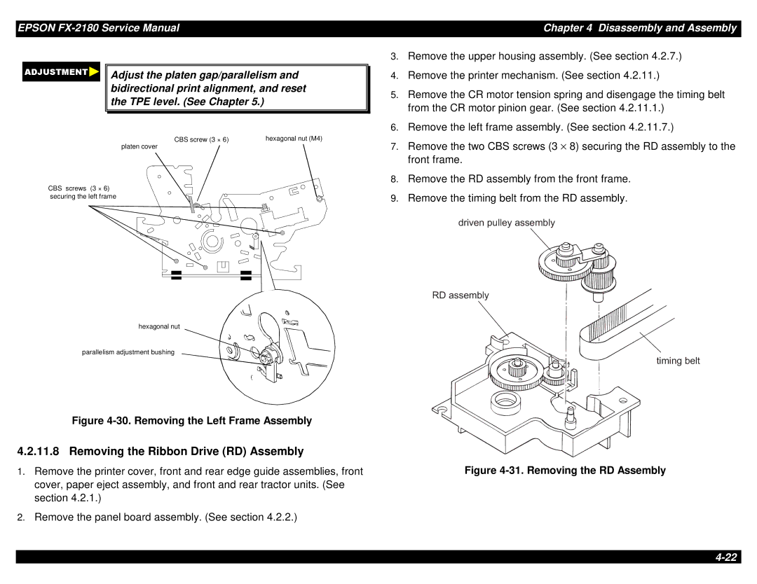 Epson TM-FX2180 manual Removing the Ribbon Drive RD Assembly, Removing the Left Frame Assembly 