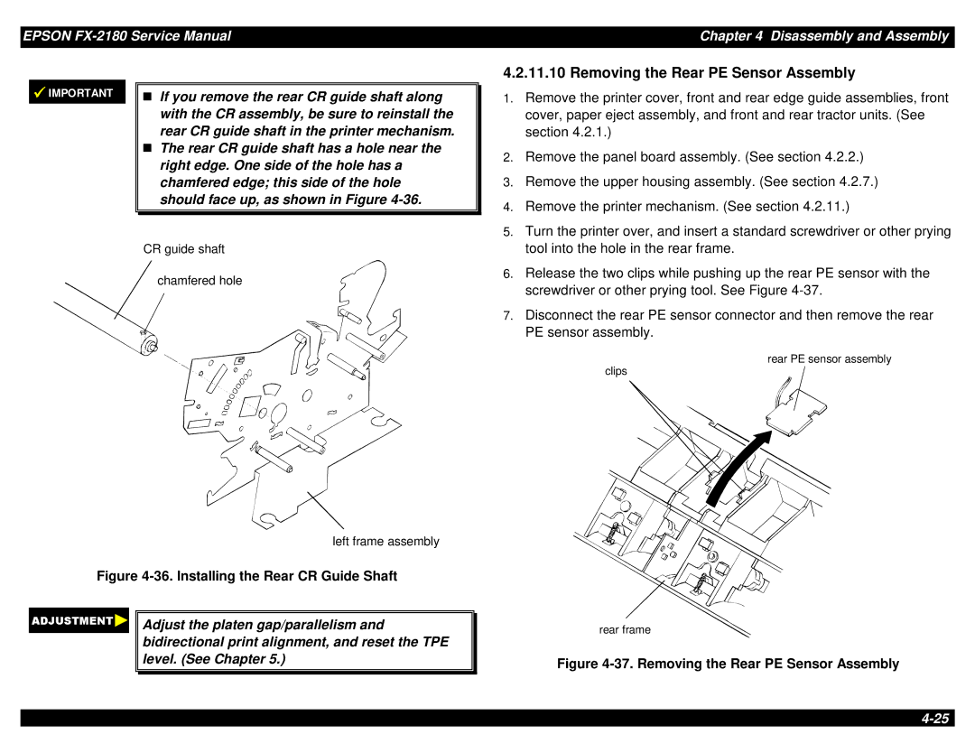 Epson TM-FX2180 manual Removing the Rear PE Sensor Assembly, Installing the Rear CR Guide Shaft 