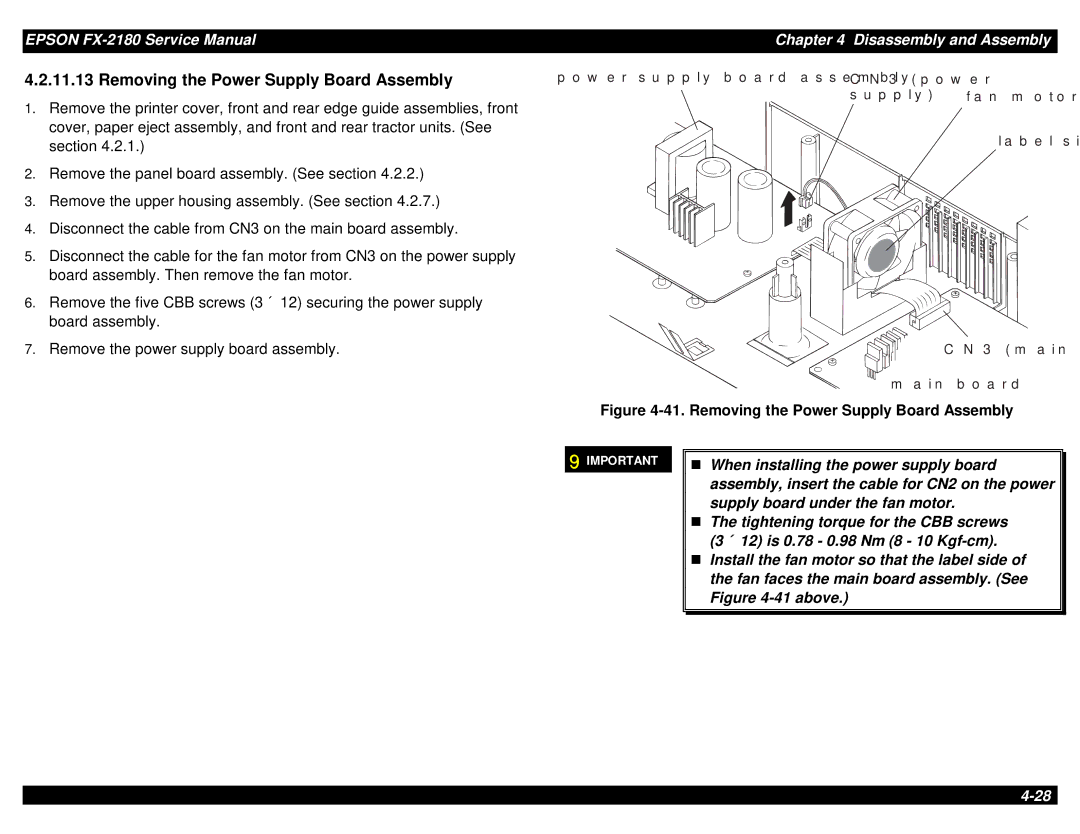 Epson TM-FX2180 manual Removing the Power Supply Board Assembly 