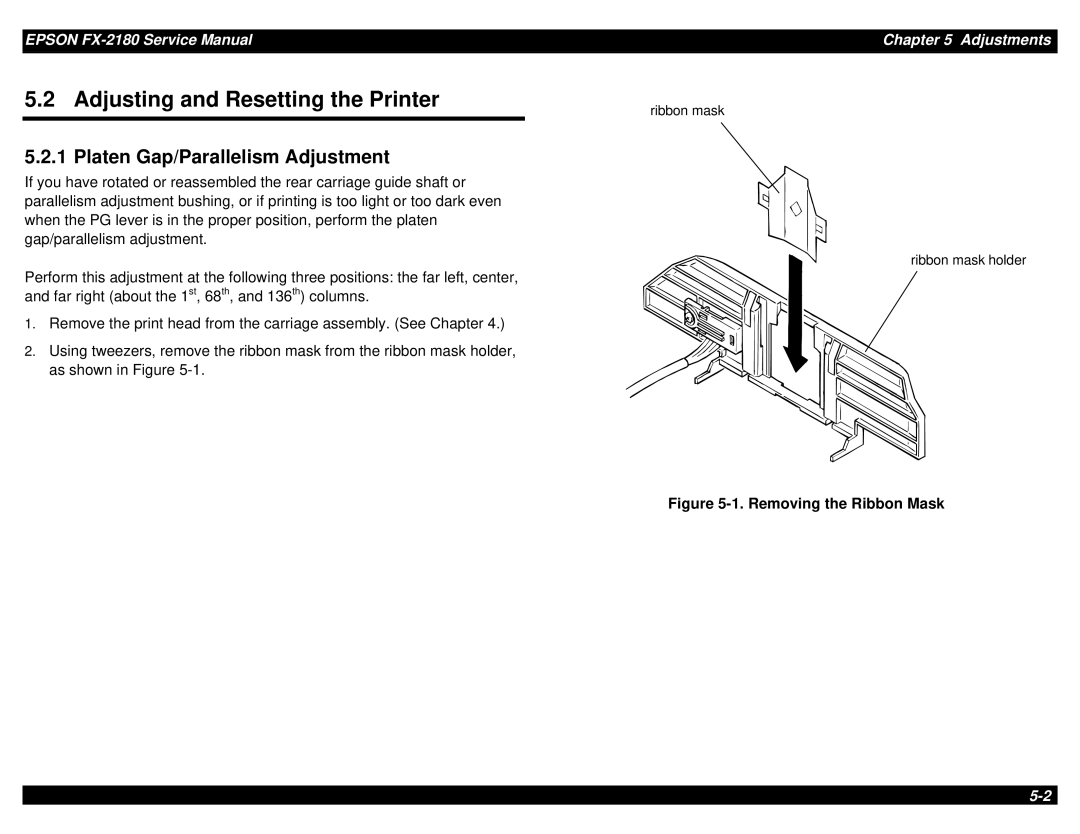 Epson TM-FX2180 manual Adjusting and Resetting the Printer, Platen Gap/Parallelism Adjustment 