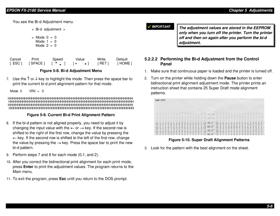 Epson TM-FX2180 manual Performing the Bi-d Adjustment from the Control Panel, Bi-d Adjustment Menu 