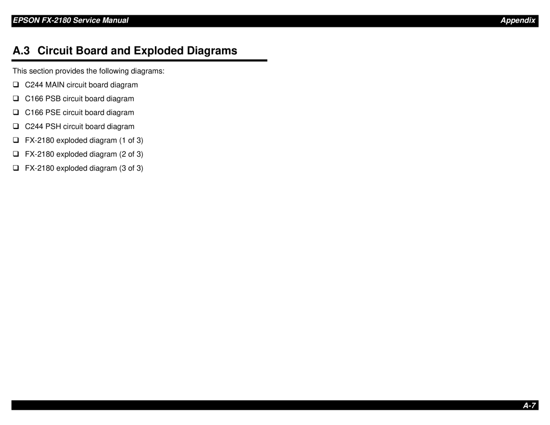 Epson TM-FX2180 manual Circuit Board and Exploded Diagrams 