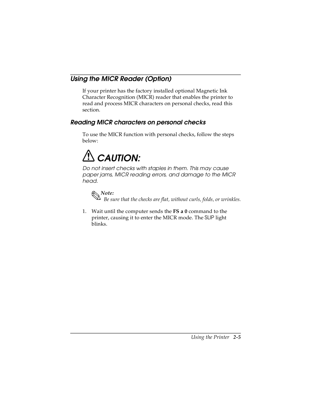 Epson TM-H5000/H5000P manual Using the Micr Reader Option, Reading Micr characters on personal checks 