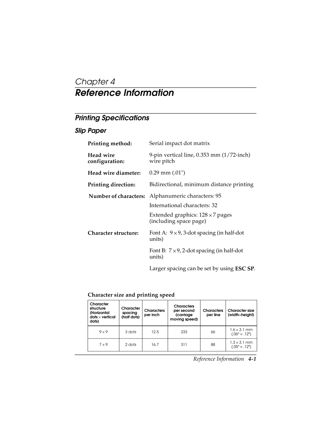 Epson TM-H5000/H5000P manual Reference Information, Printing Specifications, Slip Paper, Character size and printing speed 