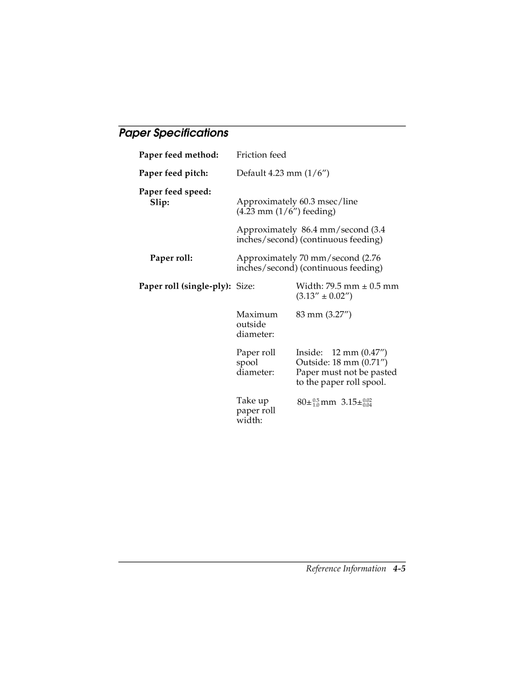 Epson TM-H5000/H5000P manual Paper Specifications 