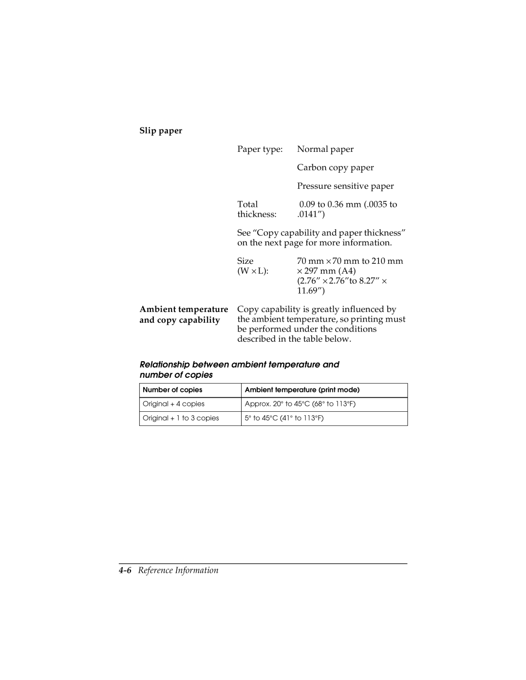 Epson TM-H5000/H5000P manual Slip paper, Ambient temperature and copy capability, 6Reference Information 