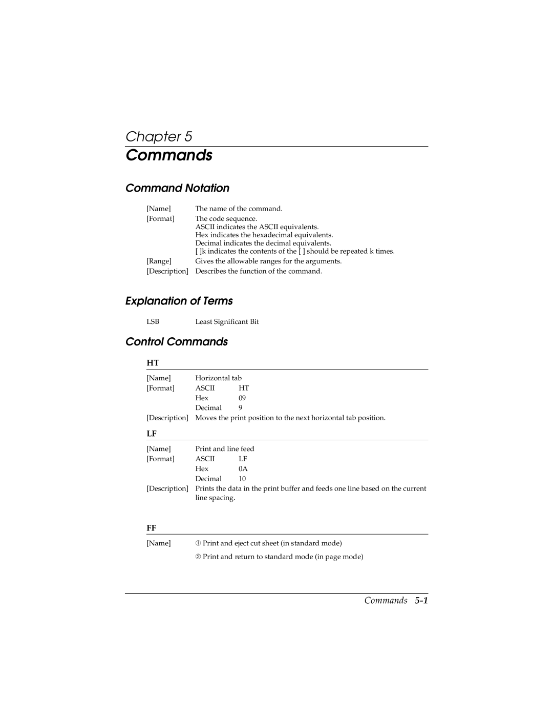 Epson TM-H5000/H5000P manual Command Notation, Explanation of Terms, Control Commands 