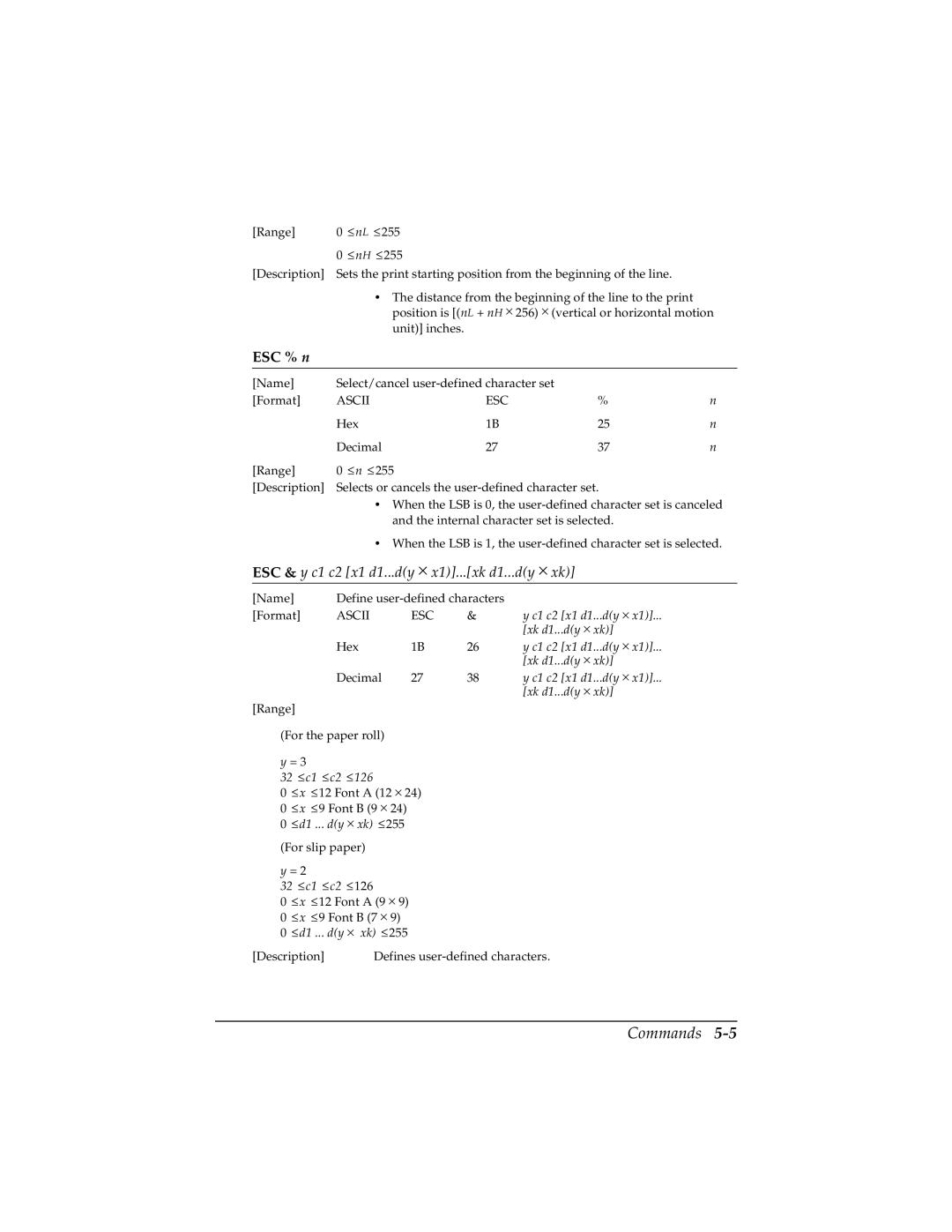 Epson TM-H5000/H5000P manual ESC % n, ESC & y c1 c2 x1 d1...dy × x1...xk d1...dy × xk 