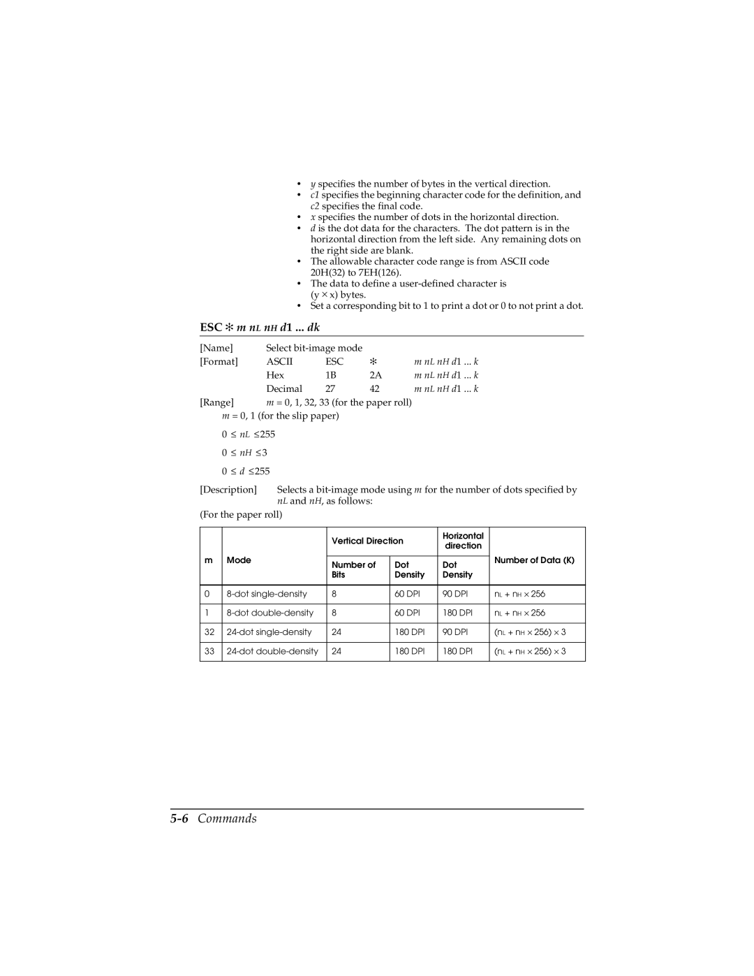 Epson TM-H5000/H5000P manual 6Commands, ESC m nL nH d1 ... dk 