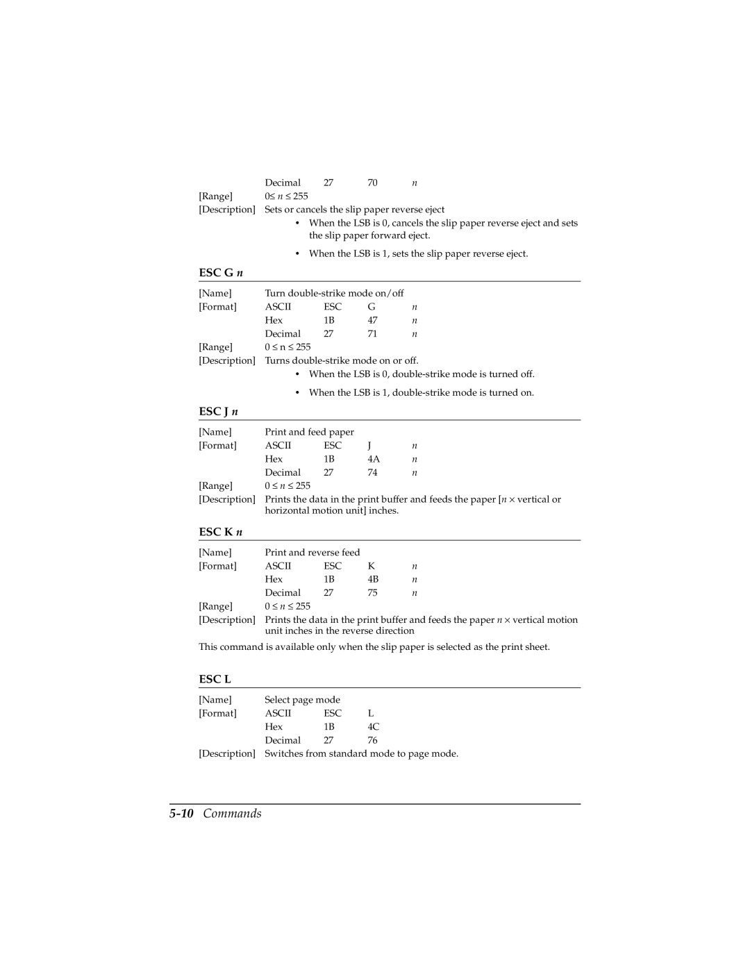 Epson TM-H5000/H5000P manual 10Commands, ESC G n, ESC J n, ESC K n 