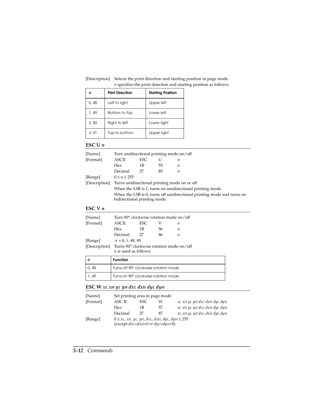 Epson TM-H5000/H5000P manual 12Commands, ESC U n, ESC V n 