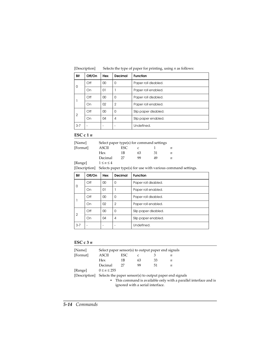 Epson TM-H5000/H5000P manual 14Commands, ESC c 1 n, ESC c 3 n 