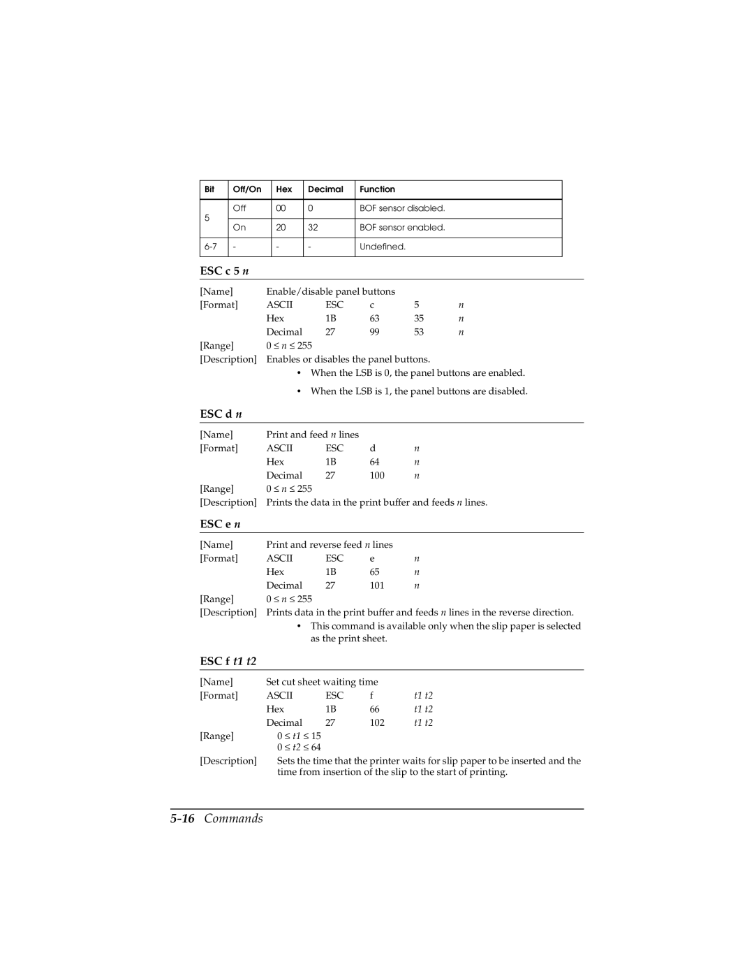 Epson TM-H5000/H5000P manual 16Commands, ESC c 5 n, ESC d n, ESC f t1 t2 