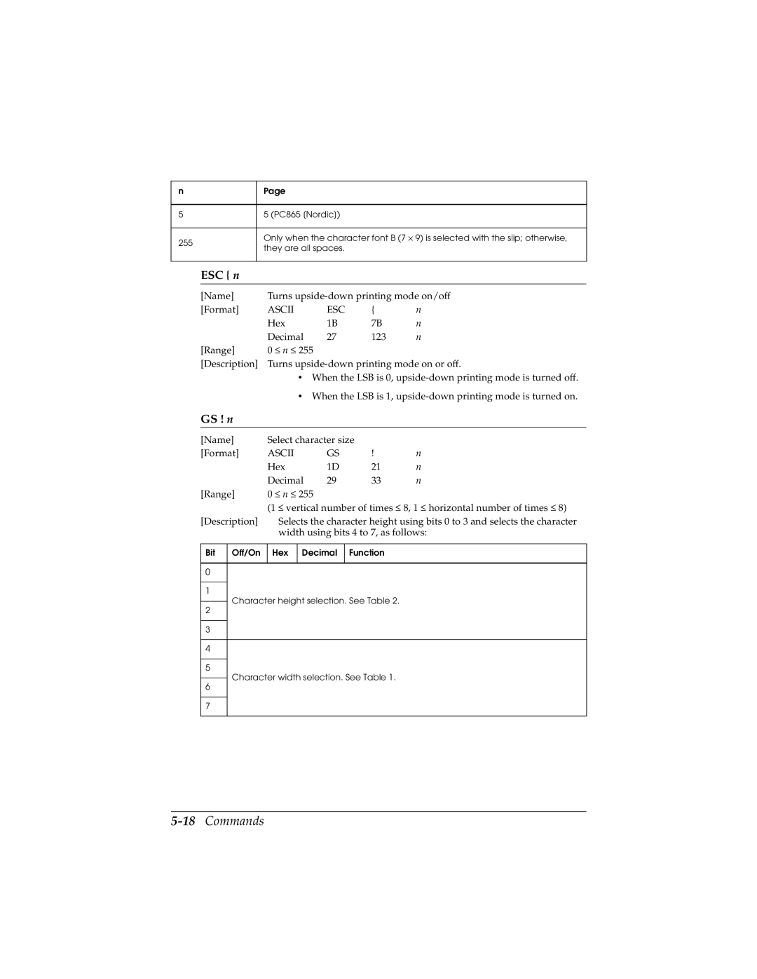 Epson TM-H5000/H5000P manual 18Commands, GS ! n 