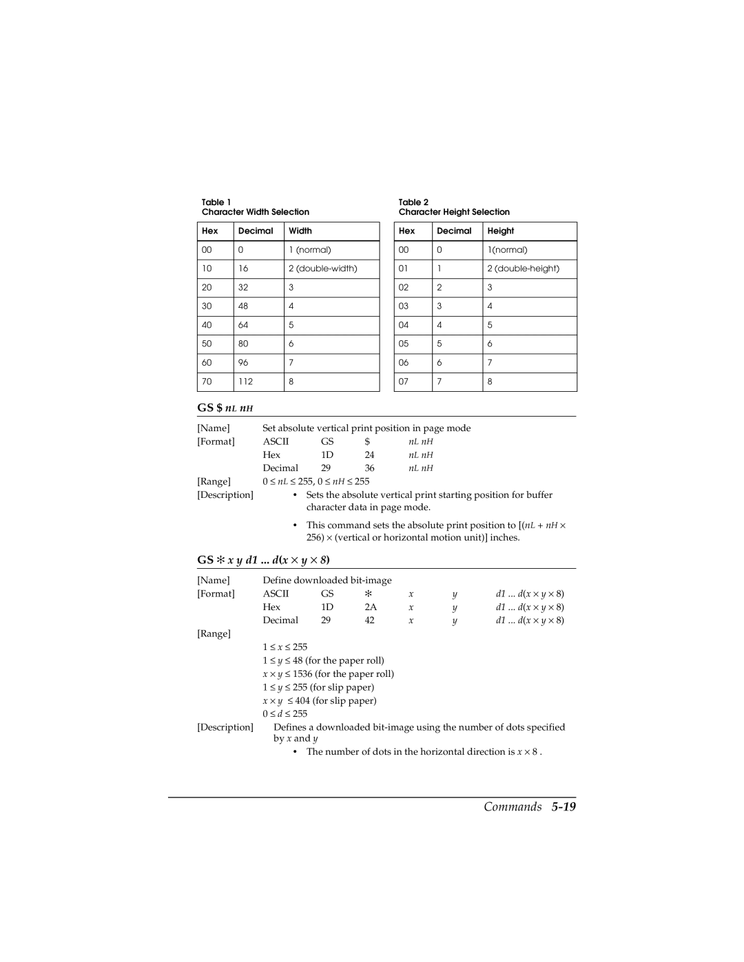 Epson TM-H5000/H5000P manual GS $ nL nH, GS x y d1 ... dx × y × 