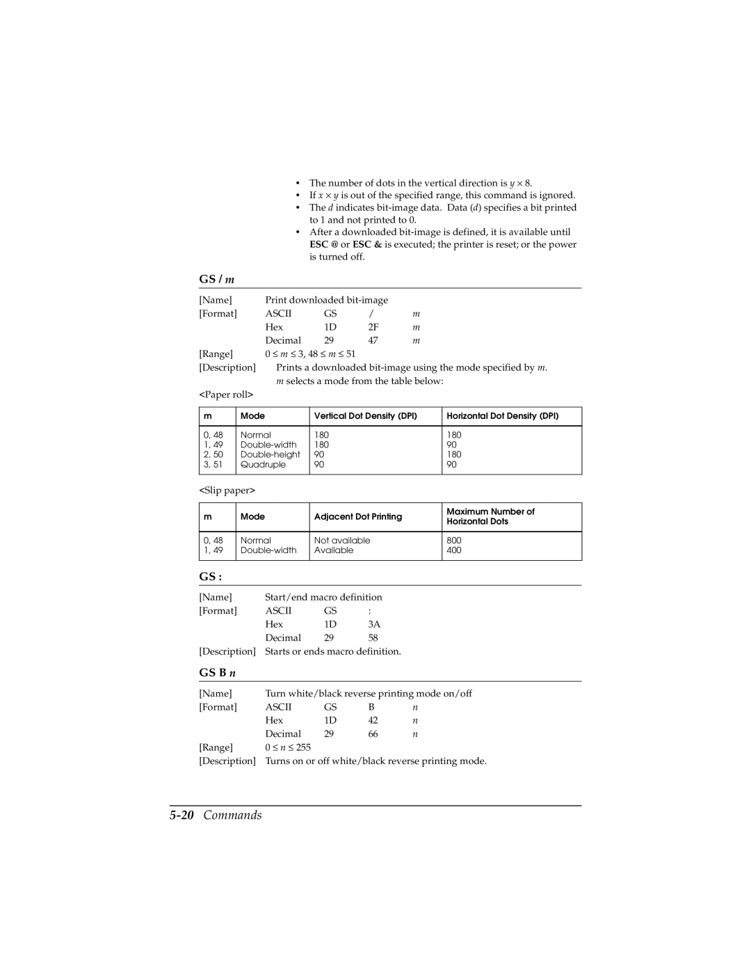 Epson TM-H5000/H5000P manual 20Commands, GS / m, GS B n 