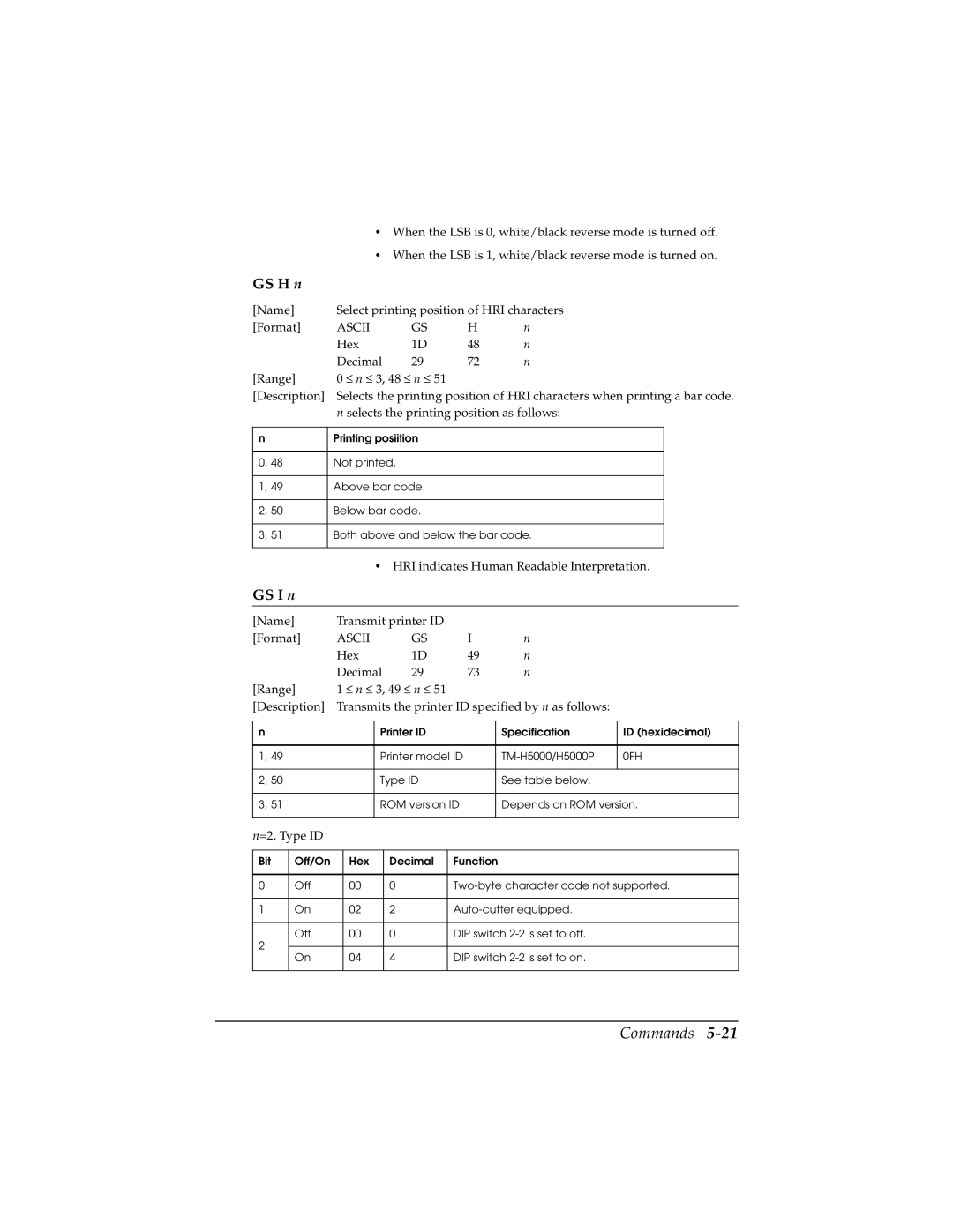 Epson TM-H5000/H5000P manual GS H n, GS I n 