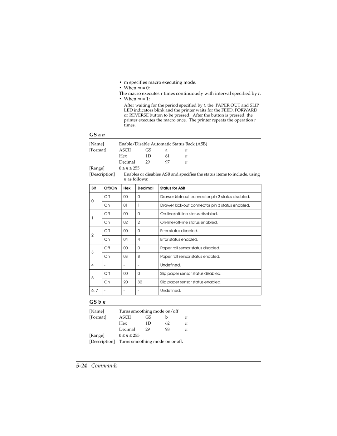 Epson TM-H5000/H5000P manual 24Commands, GS a n 