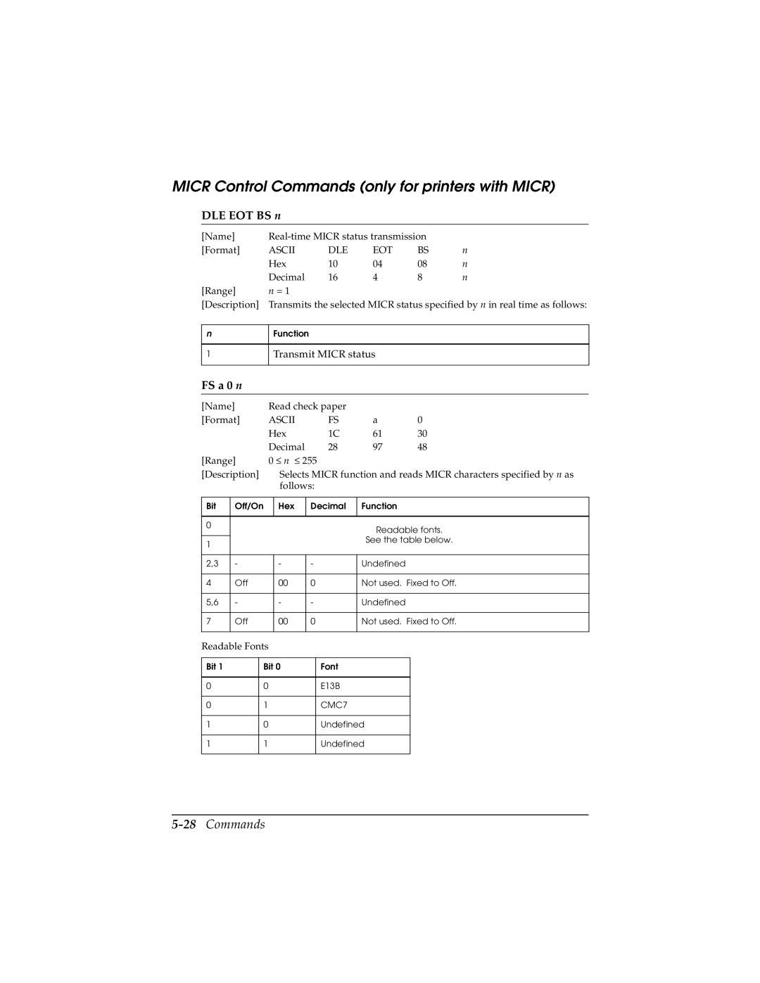 Epson TM-H5000/H5000P manual Micr Control Commands only for printers with Micr, 28Commands, DLE EOT BS n, FS a 0 n 