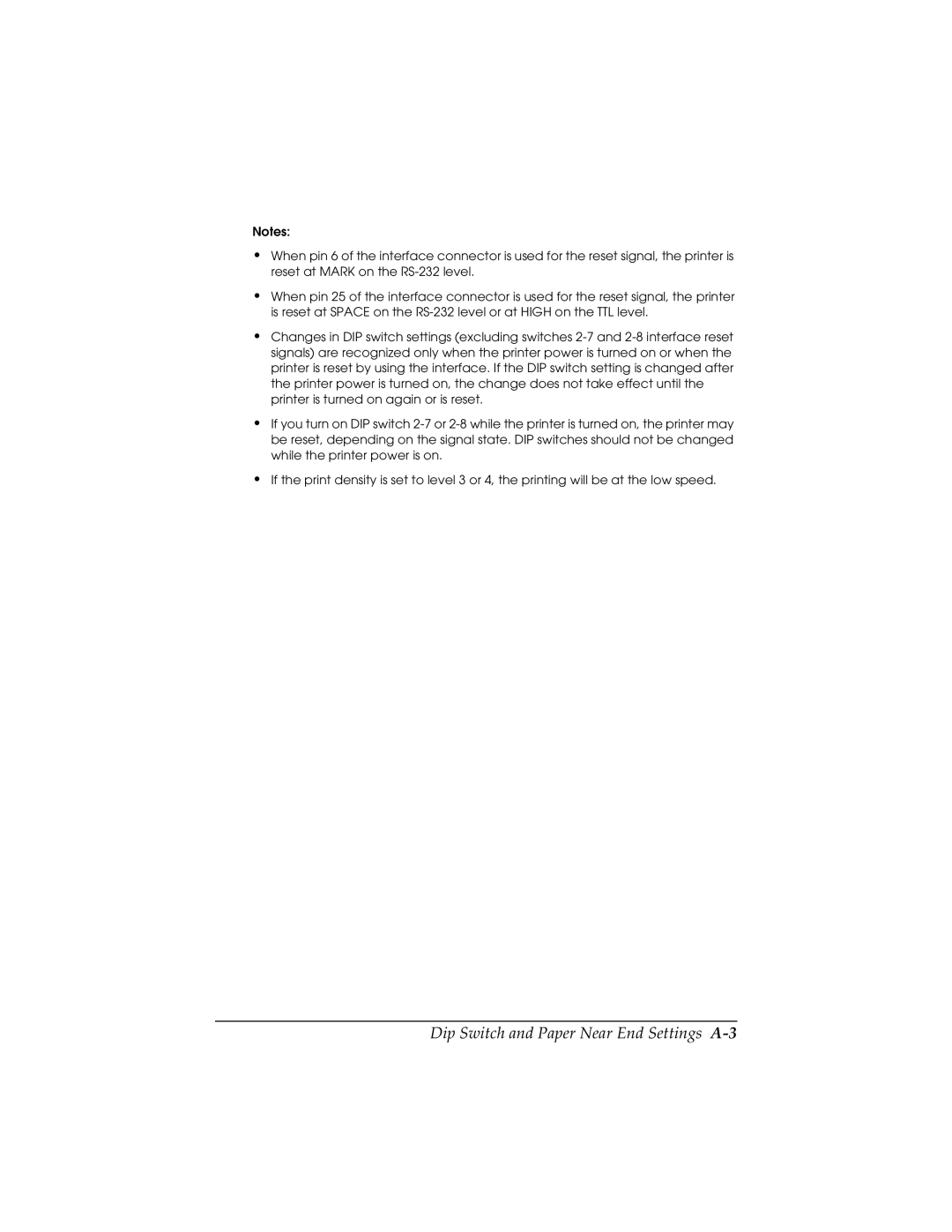 Epson TM-H5000/H5000P manual Dip Switch and Paper Near End Settings A-3 