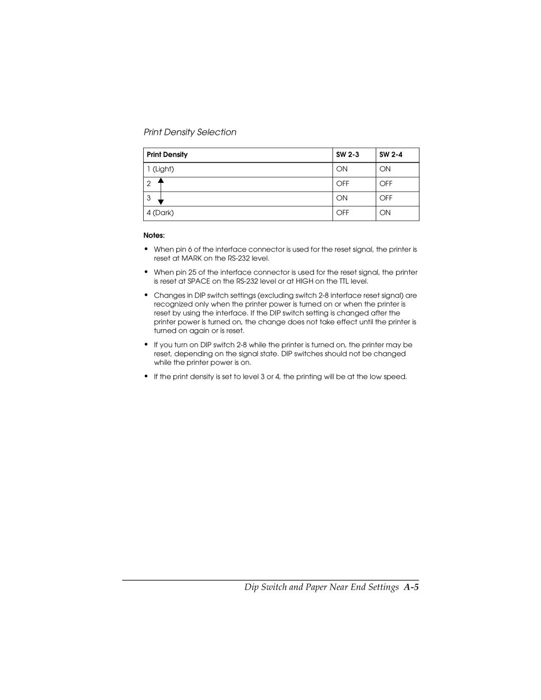 Epson TM-H5000/H5000P manual Dip Switch and Paper Near End Settings A-5 