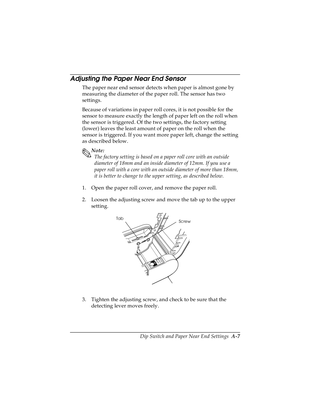 Epson TM-H5000/H5000P manual Adjusting the Paper Near End Sensor, Dip Switch and Paper Near End Settings A-7 