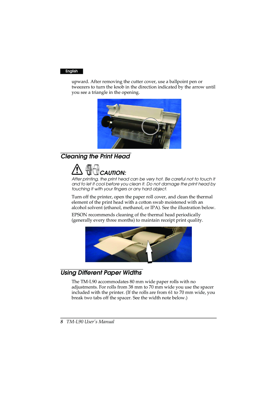 Epson TM-L90 user manual Cleaning the Print Head, Using Different Paper Widths 