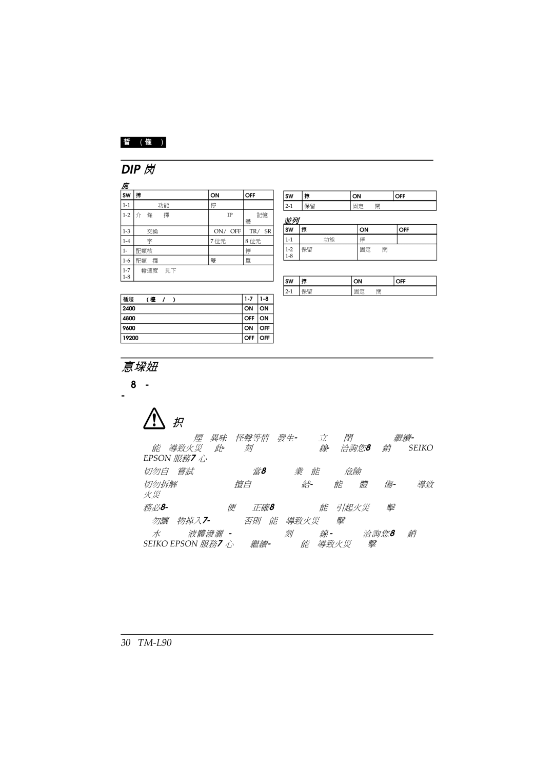 Epson TM-L90 user manual Dip 開關表, 安全注意事項 