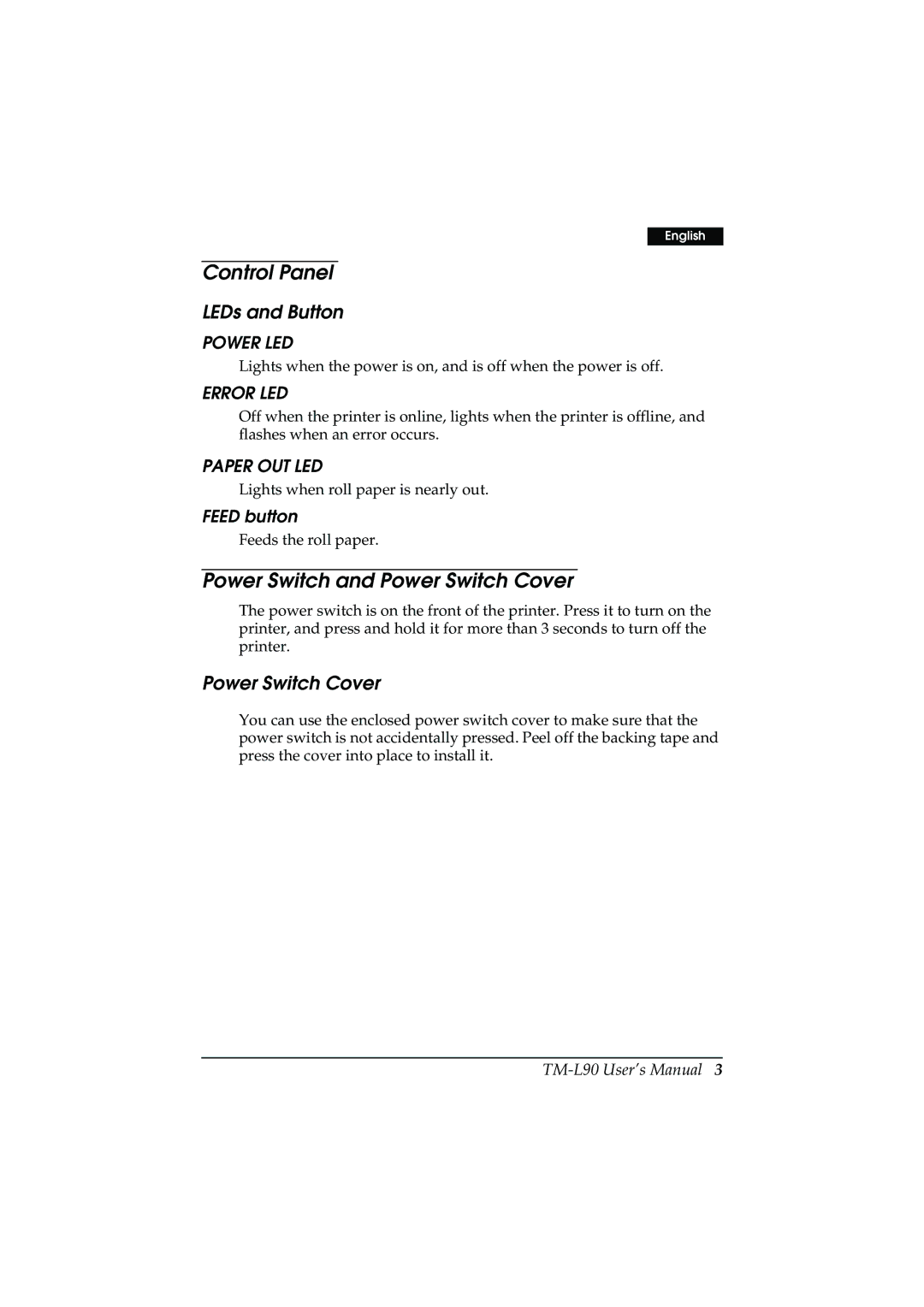 Epson TM-L90 user manual Control Panel, Power Switch and Power Switch Cover 