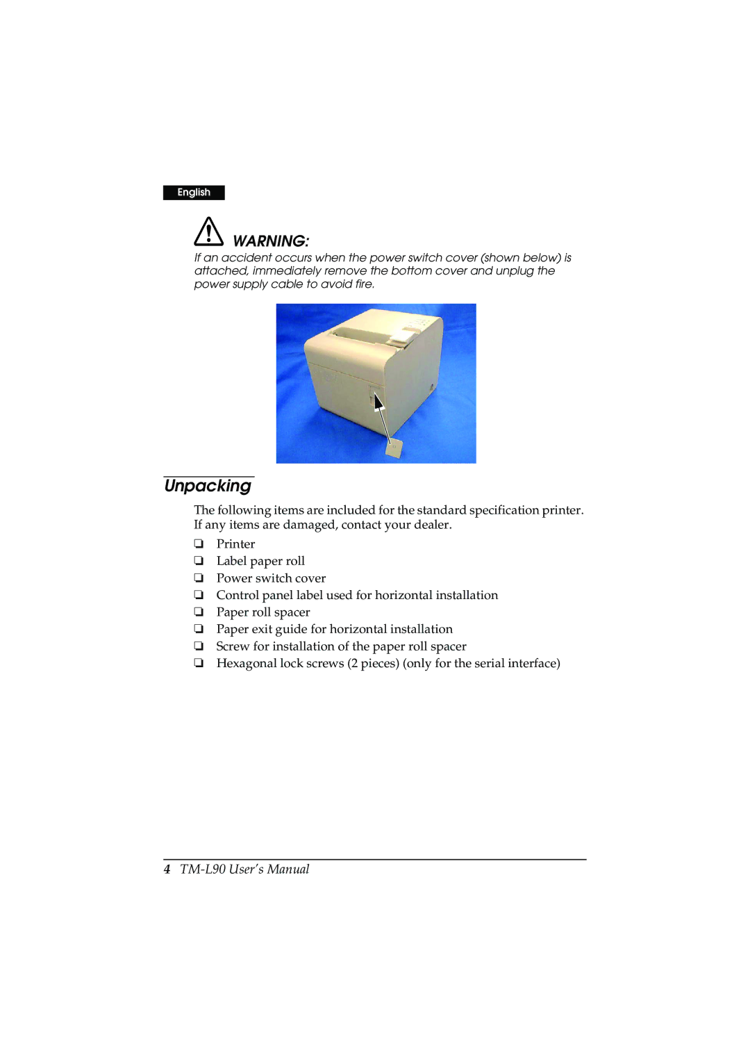 Epson TM-L90 user manual Unpacking 